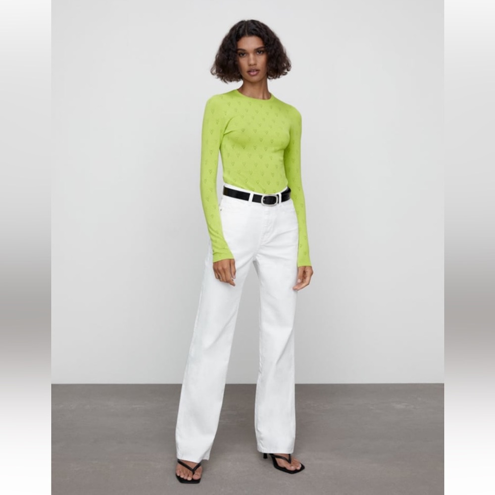 Zara Lime Green Slim Knit Crewneck Sweater